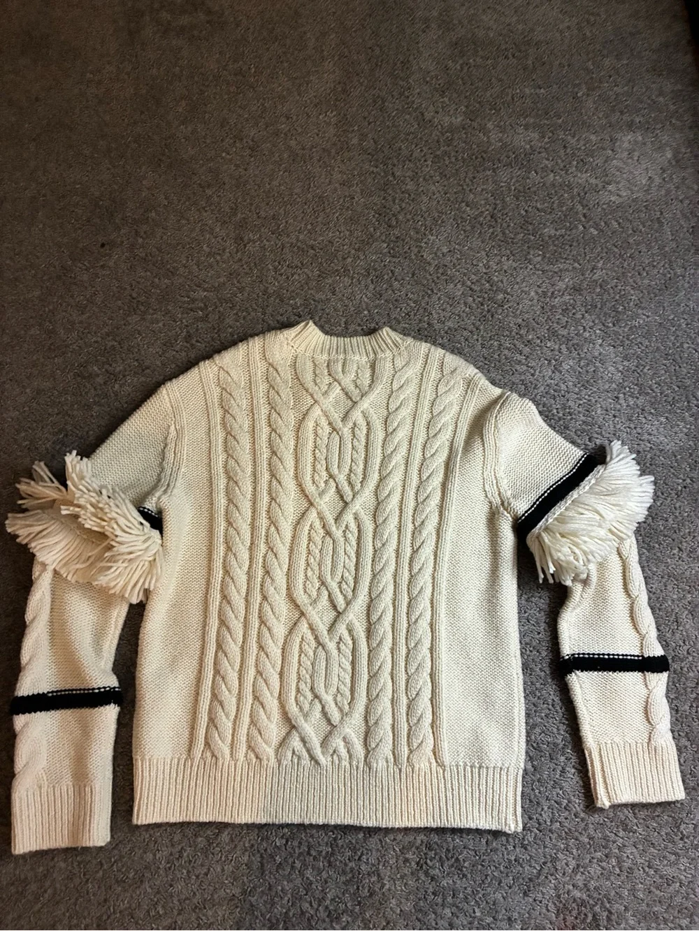 Pearl by Lela Rose cream Cable Knit Sweater with Fringe Sleeve Detail